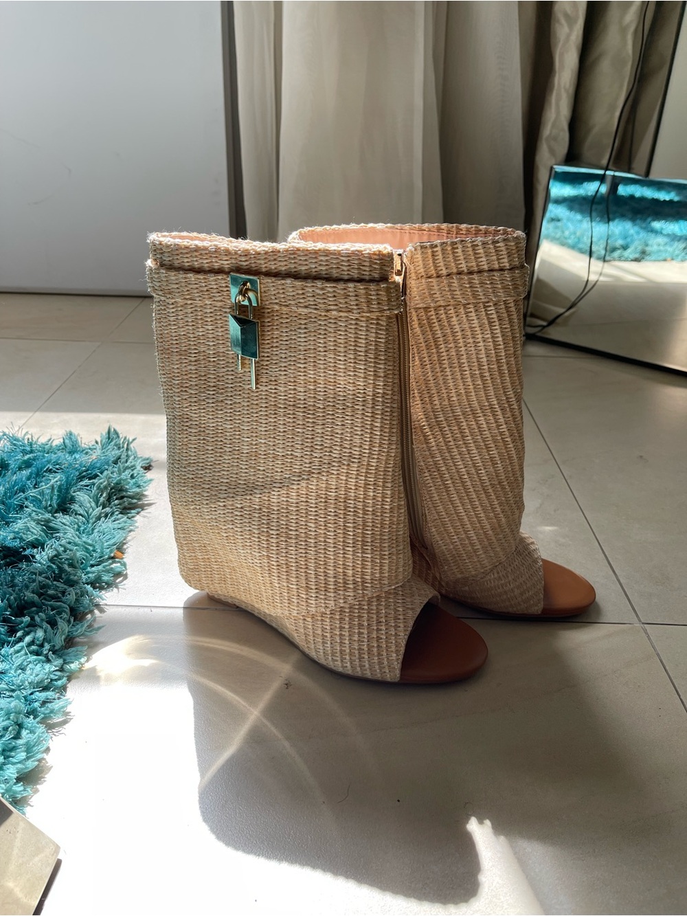 Cape Robbin Natural Woven Peep-Toe Wedge Boots